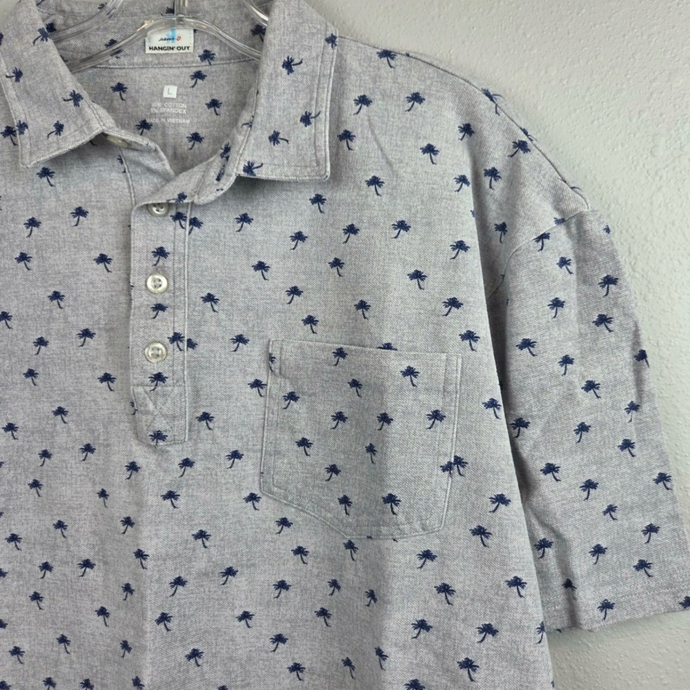 Johnnie-O Hangin Out Mens Large Gray Palm Tree‎ Polo Shirt Short Sleeve